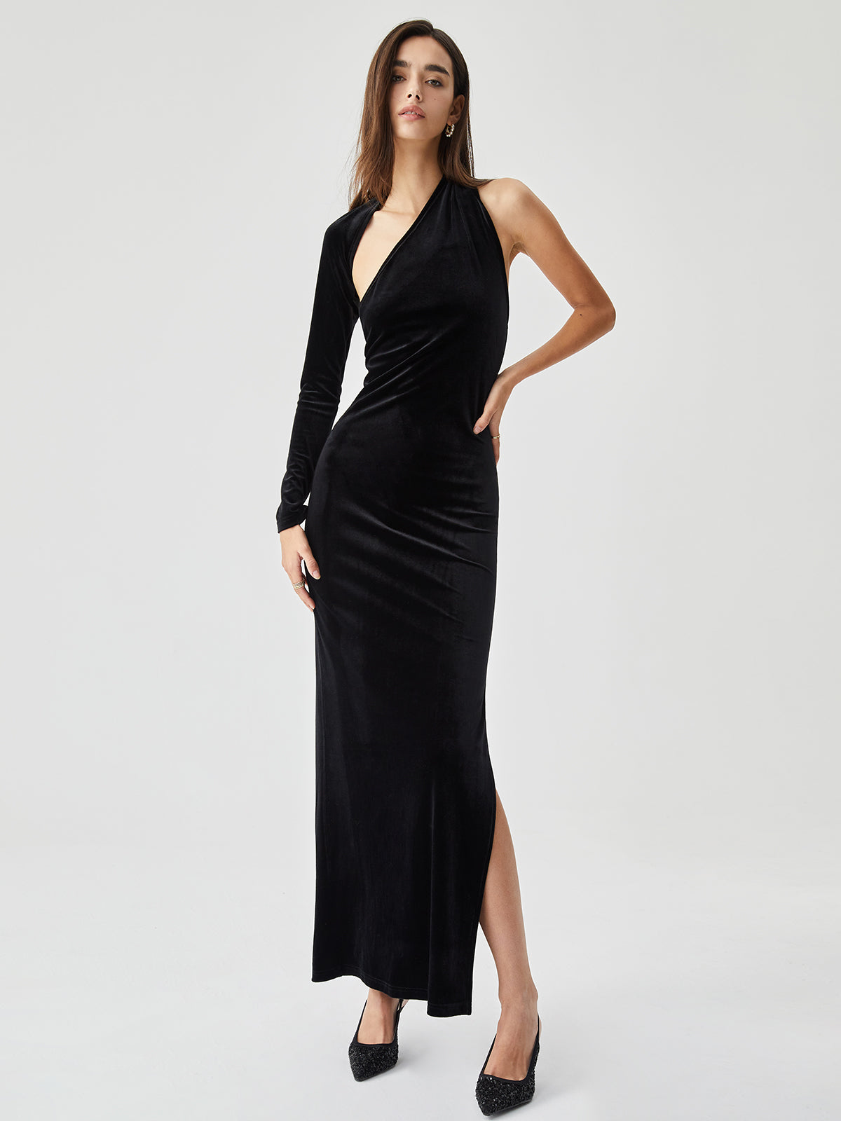 Asymmetric Sleeve Velvet Slit Open Back Long Dress