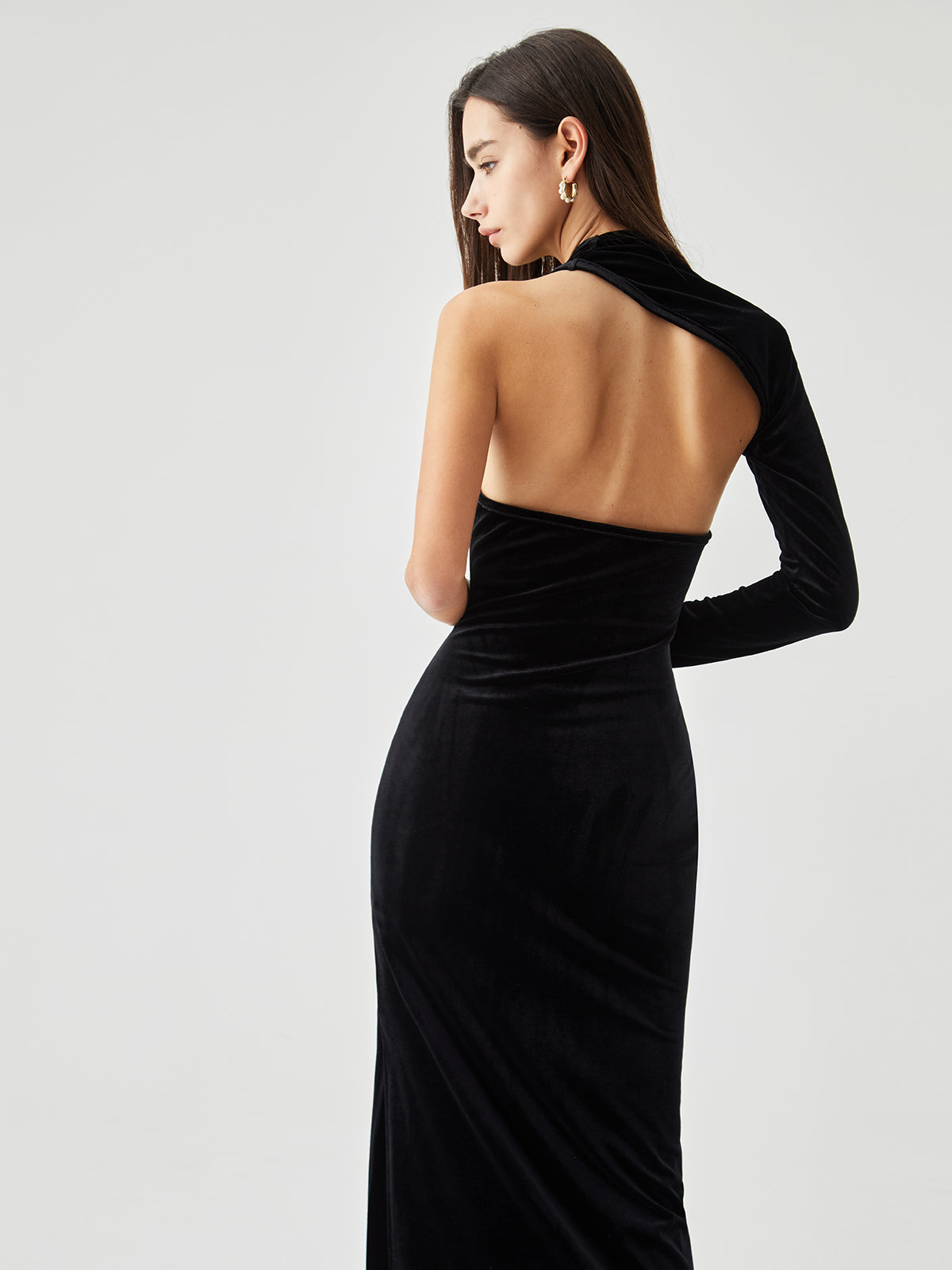 Asymmetric Sleeve Velvet Slit Open Back Long Dress