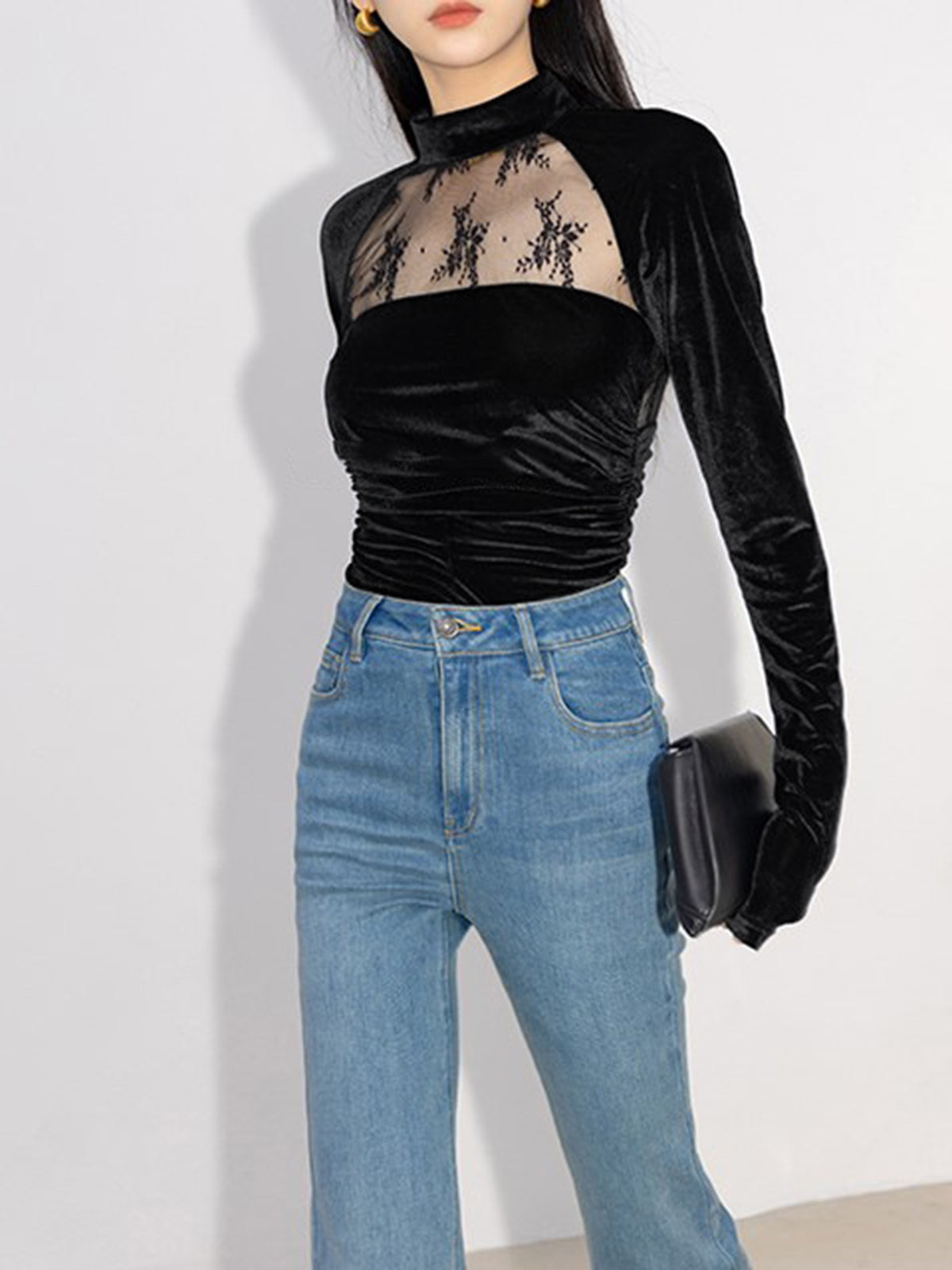 Velvet Lace Patchwork Draped Zip-back Shirt