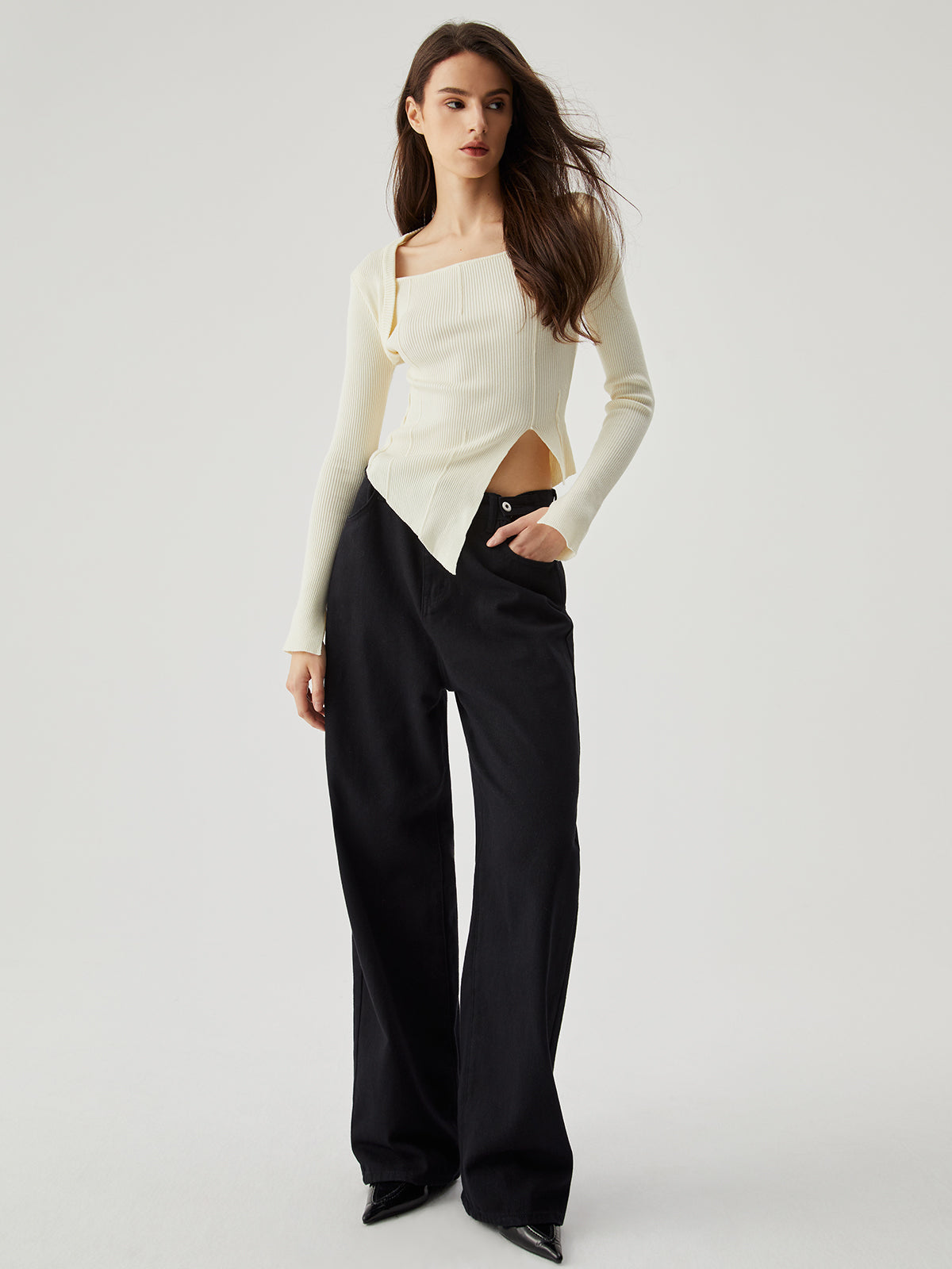 Asymmetrical Split Square Neck Long Sleeve Knit Top