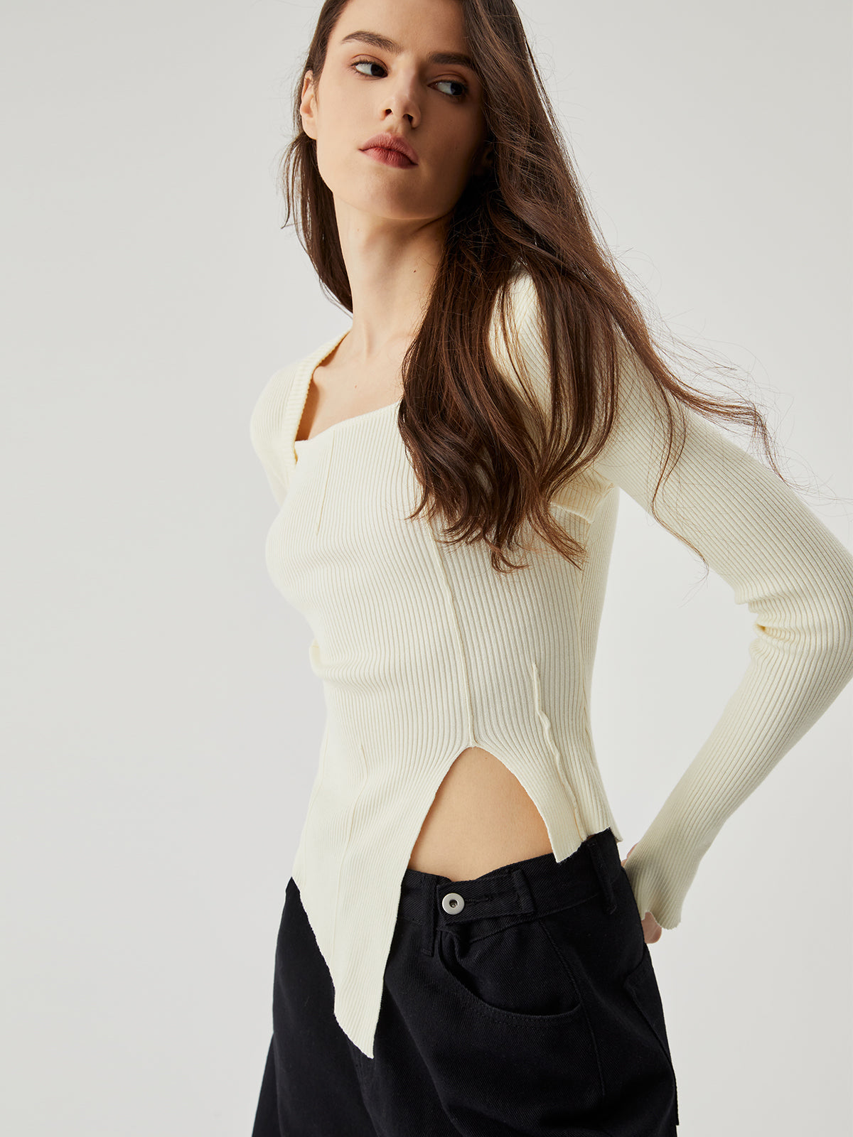Asymmetrical Split Square Neck Long Sleeve Knit Top