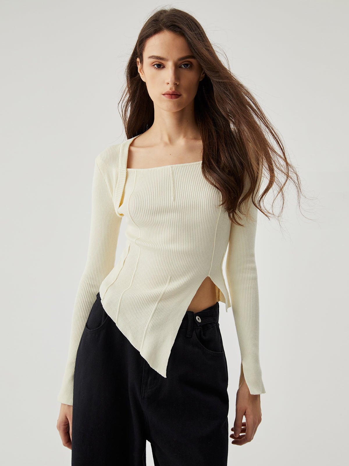 Asymmetrical Split Square Neck Long Sleeve Knit Top