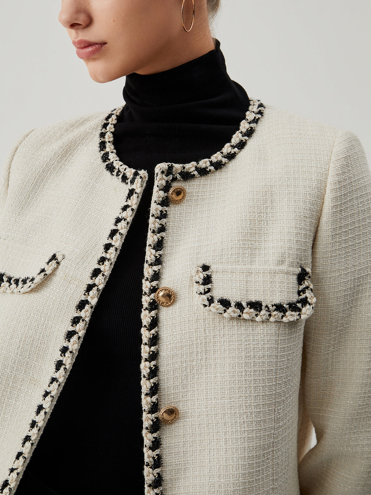 Old Money Tweed Contrast Trim Metallic Button Jacket