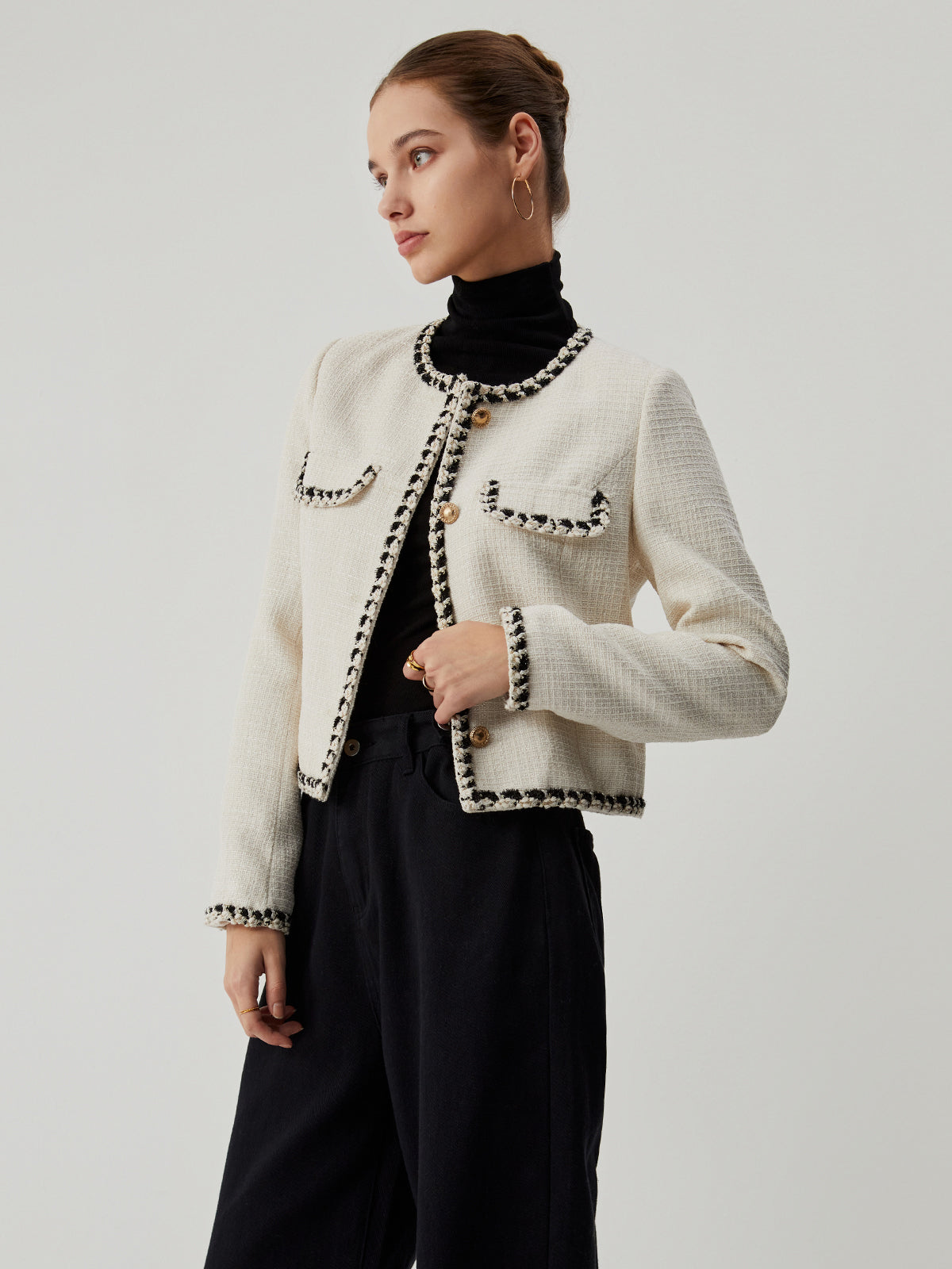 Old Money Tweed Contrast Trim Metallic Button Jacket
