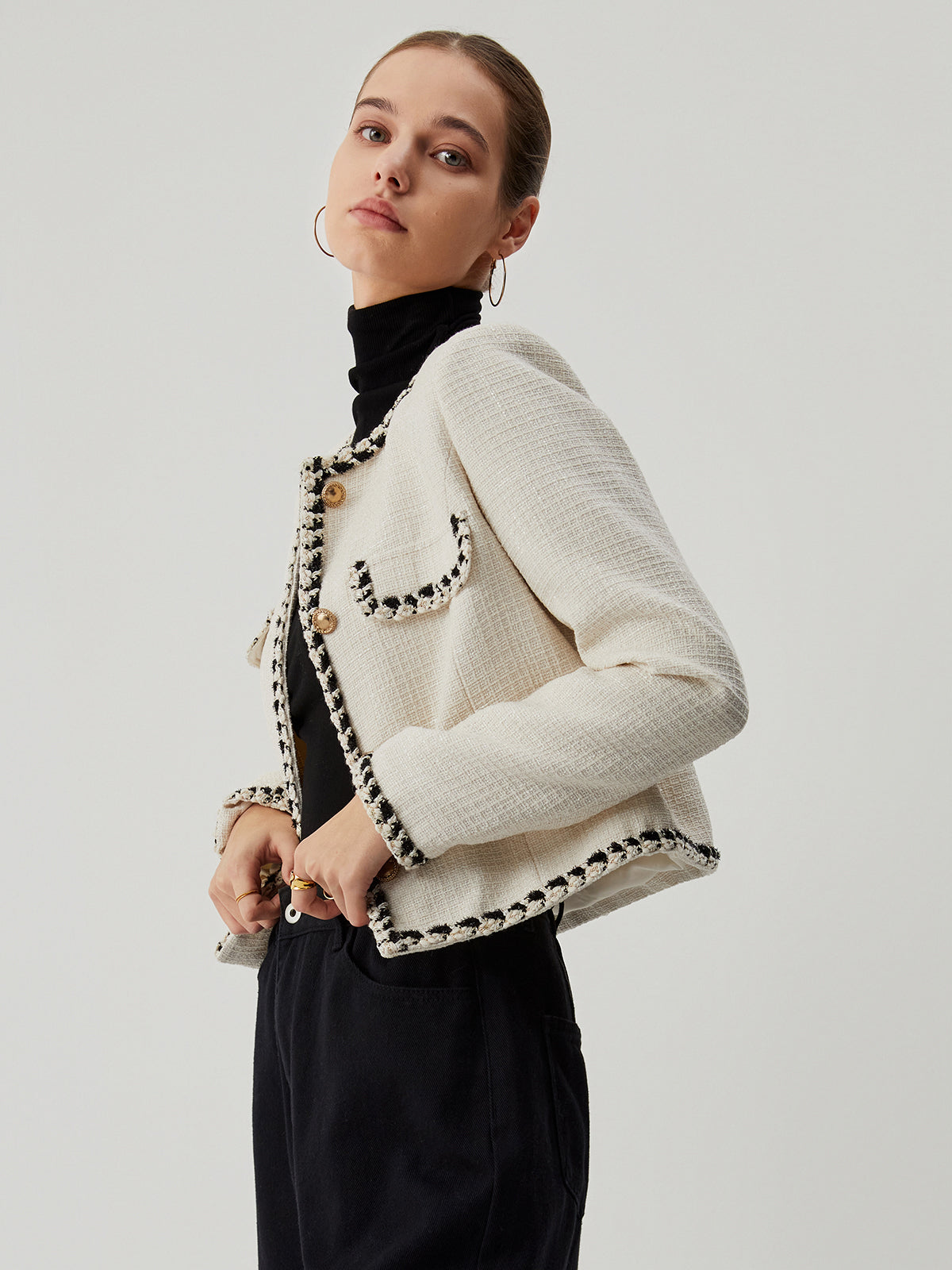 Old Money Tweed Contrast Trim Metallic Button Jacket