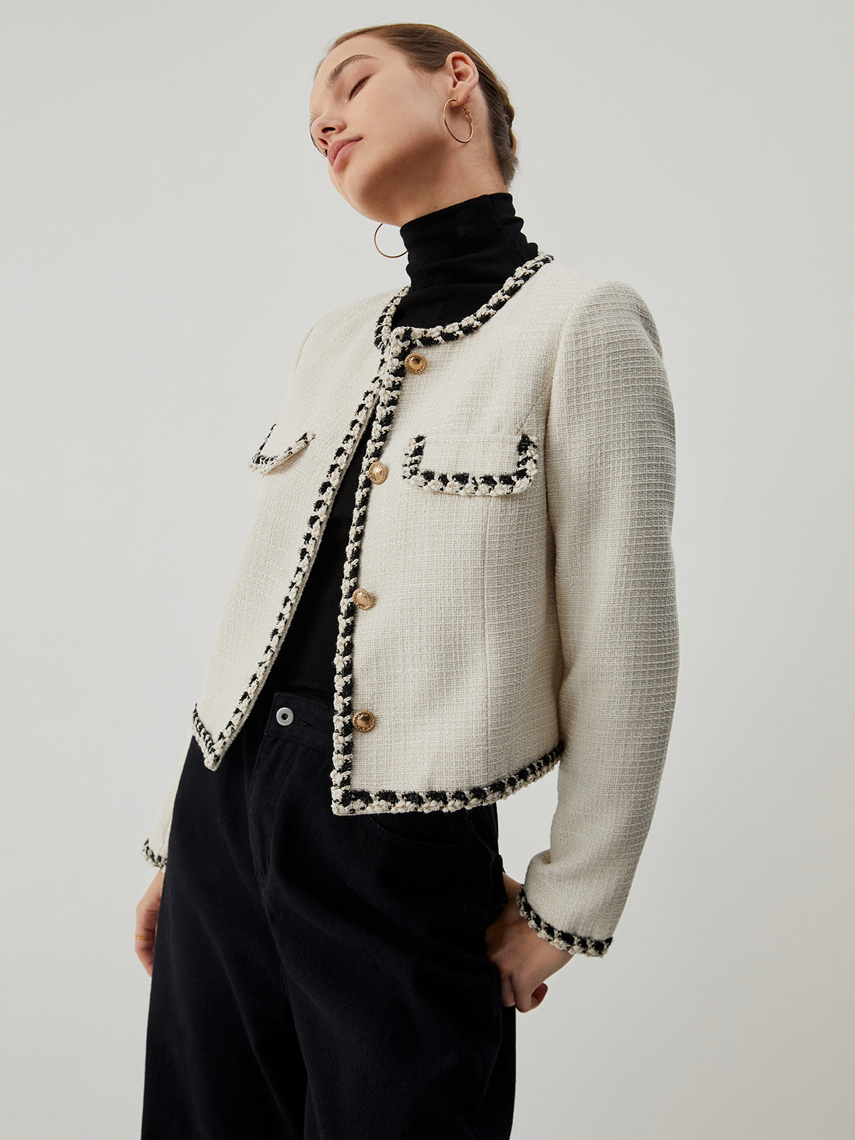 Old Money Tweed Contrast Trim Metallic Button Jacket