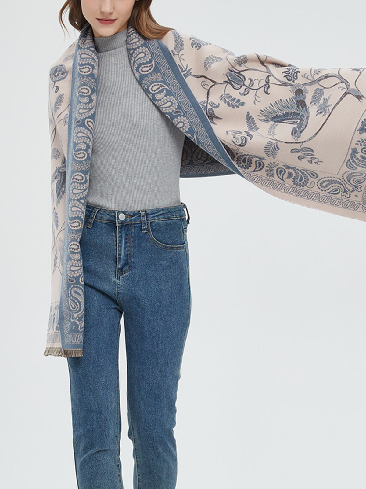Winter Warm Toile De Jouy Tassel Scarf