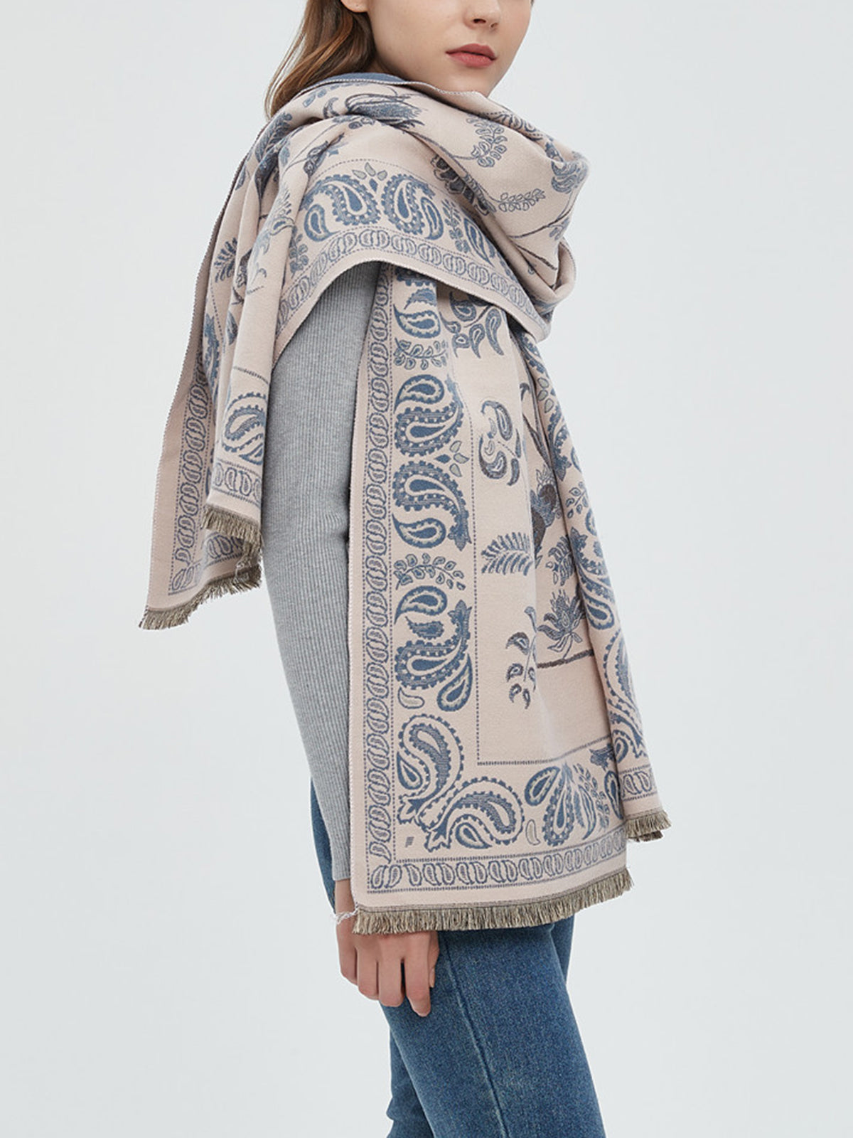 Winter Warm Toile De Jouy Tassel Scarf