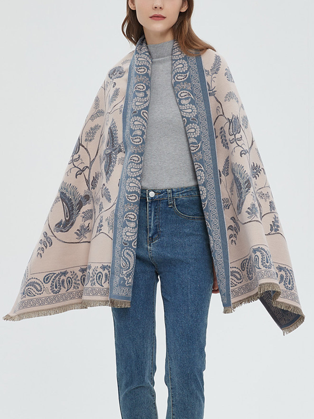 Winter Warm Toile De Jouy Tassel Scarf