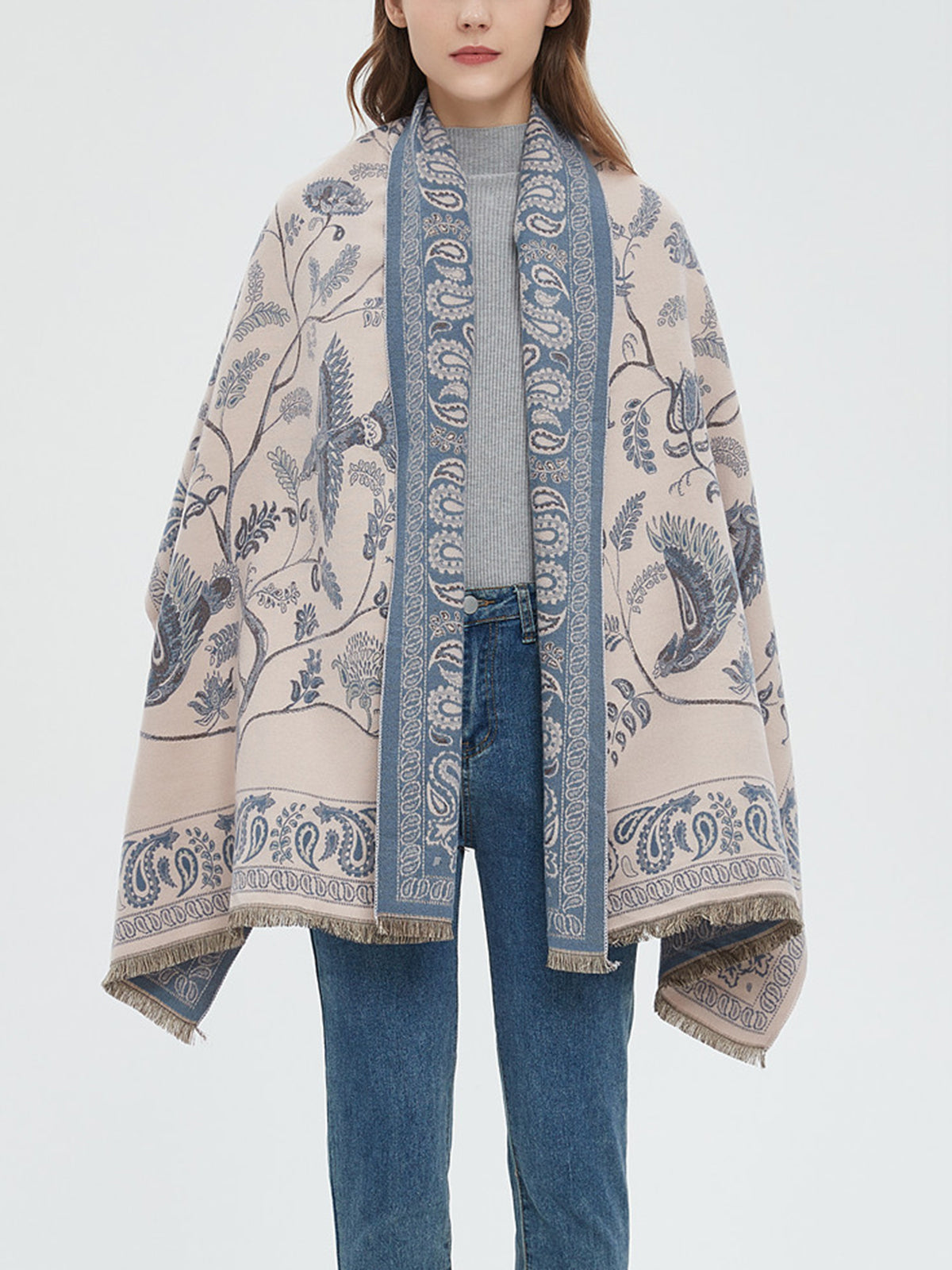 Winter Warm Toile De Jouy Tassel Scarf