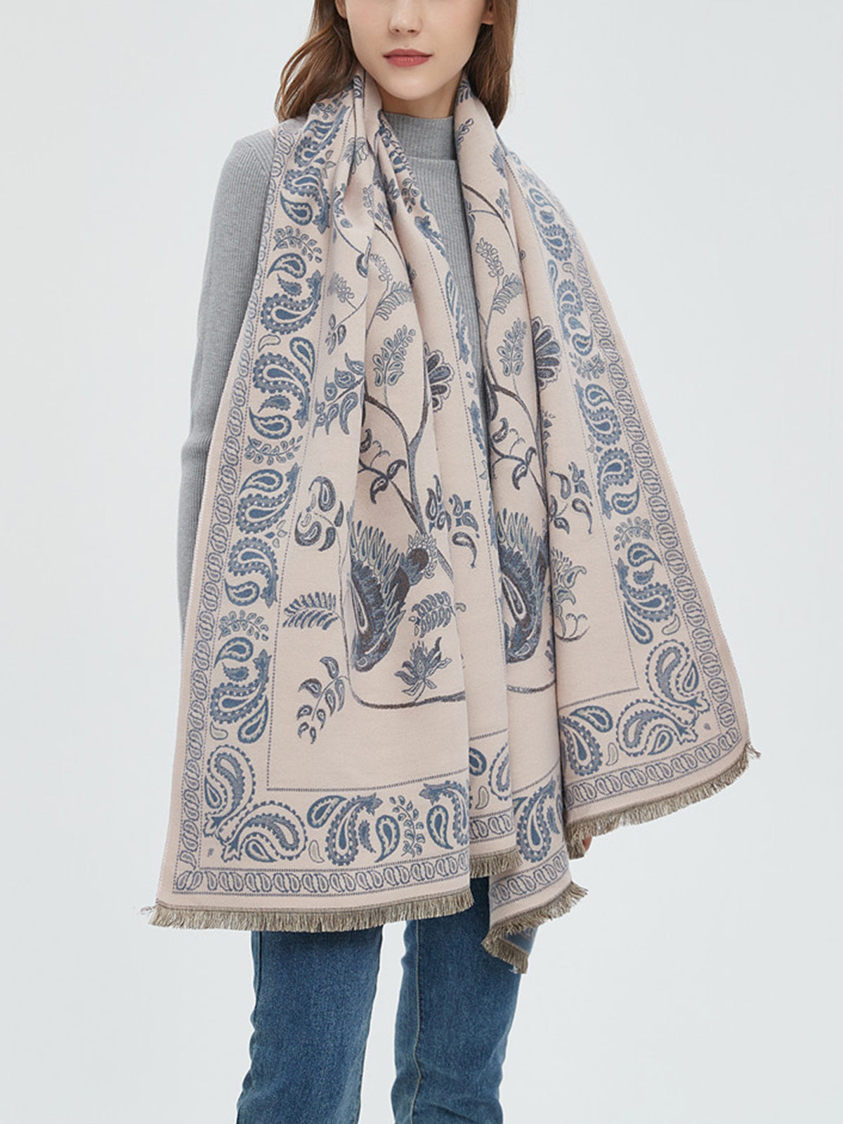 Winter Warm Toile De Jouy Tassel Scarf