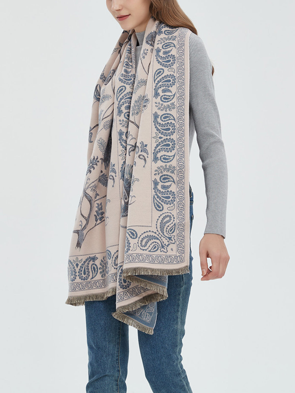 Winter Warm Toile De Jouy Tassel Scarf