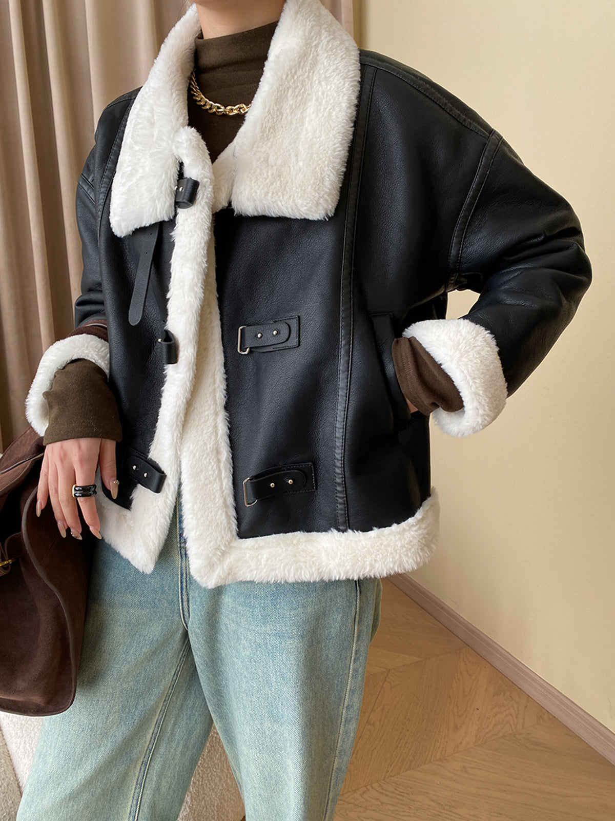 Patchwork Sherpa Lined Shearling Leather Jacket
