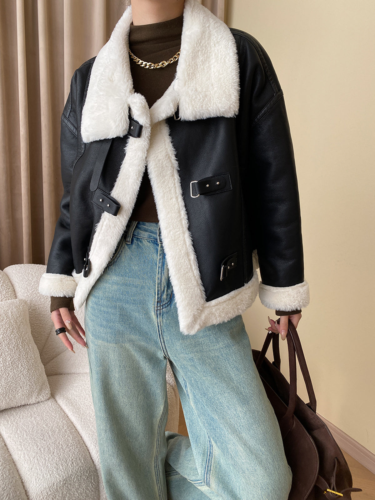 Patchwork Sherpa Lined Shearling Leather Jacket