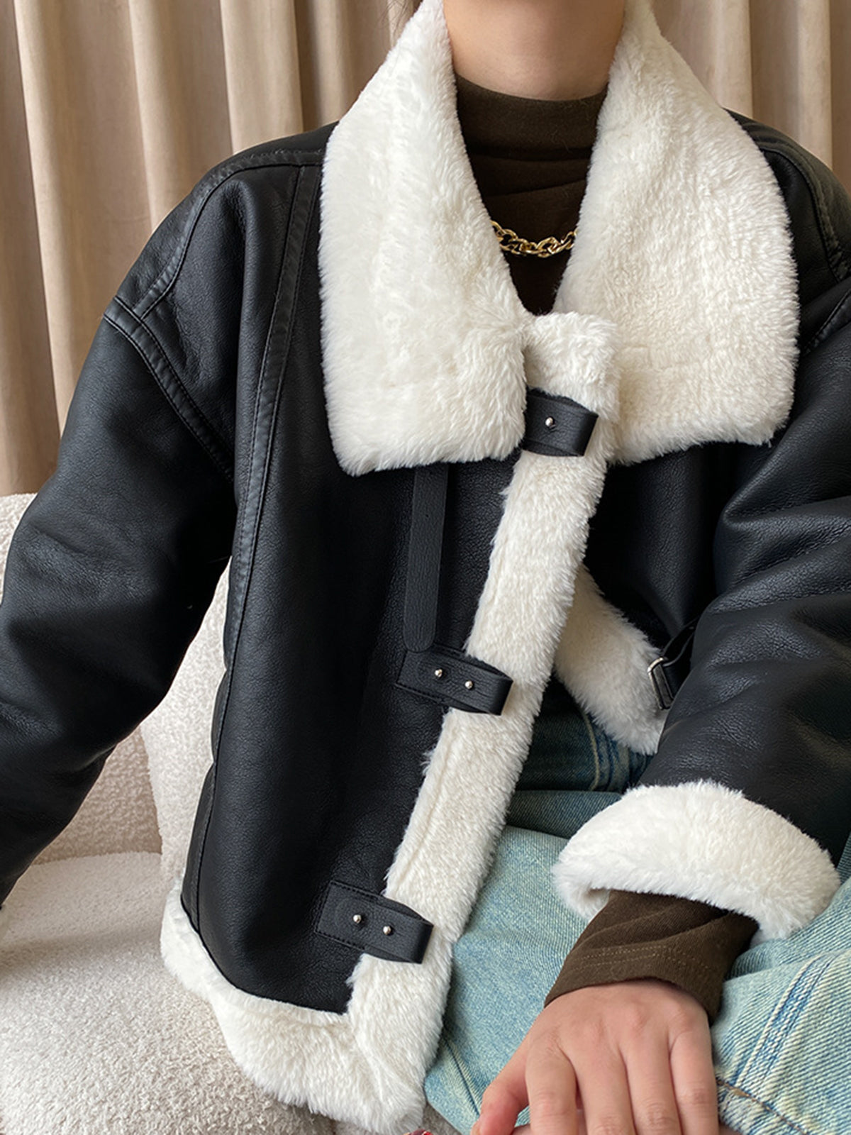Patchwork Sherpa Lined Shearling Leather Jacket