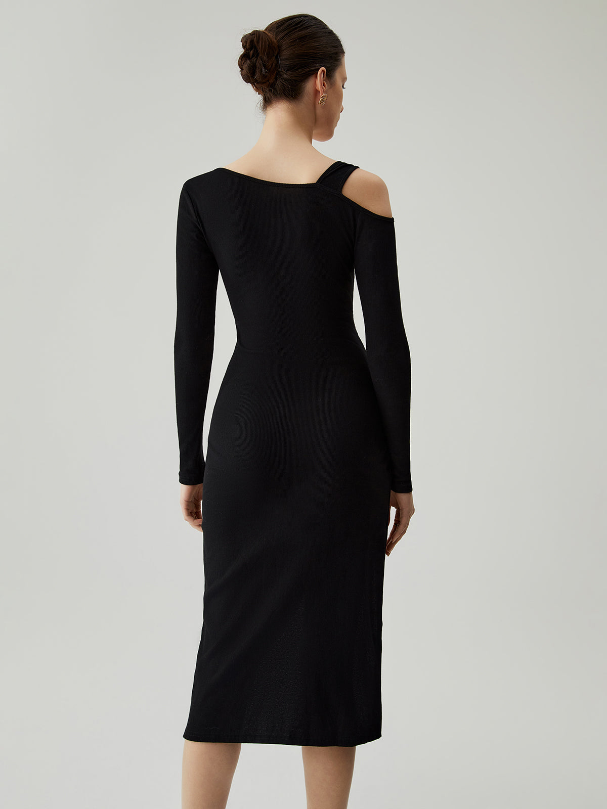 Asymmetrical Neck Twisted Cut Out Split Midi Dress