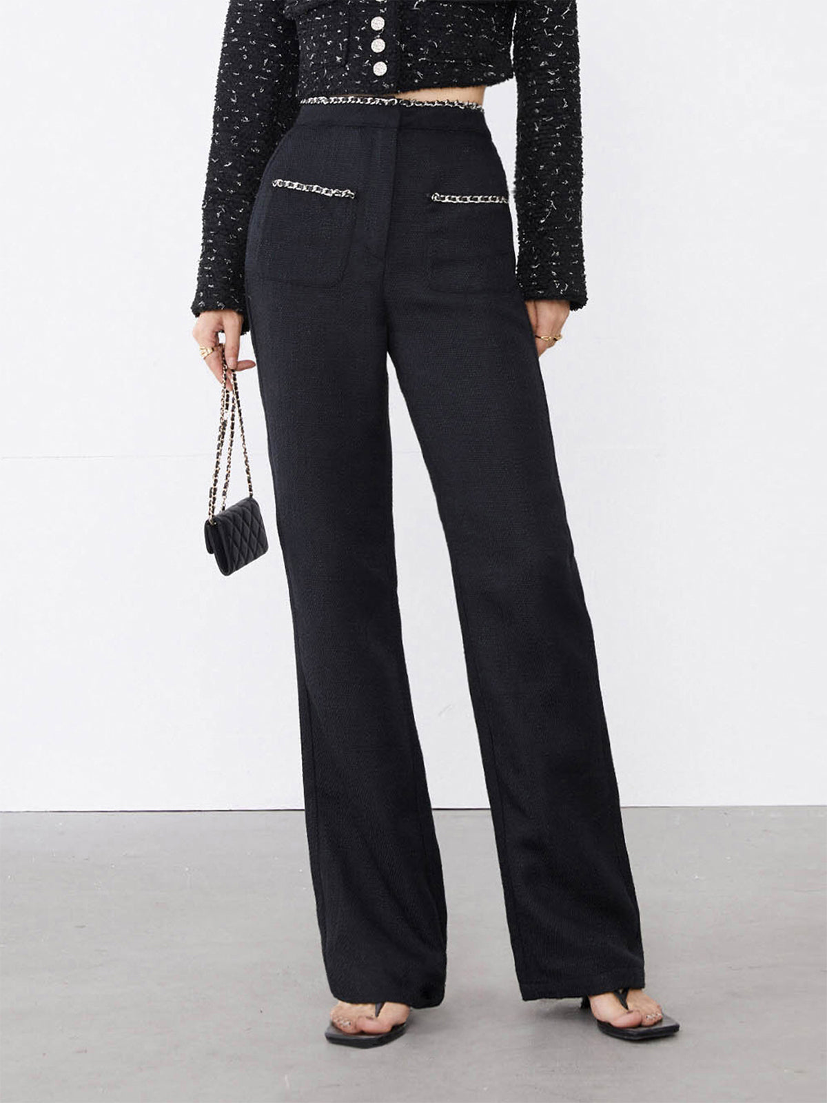 Tweed Contrast Trim Pocket Straight Leg Pants
