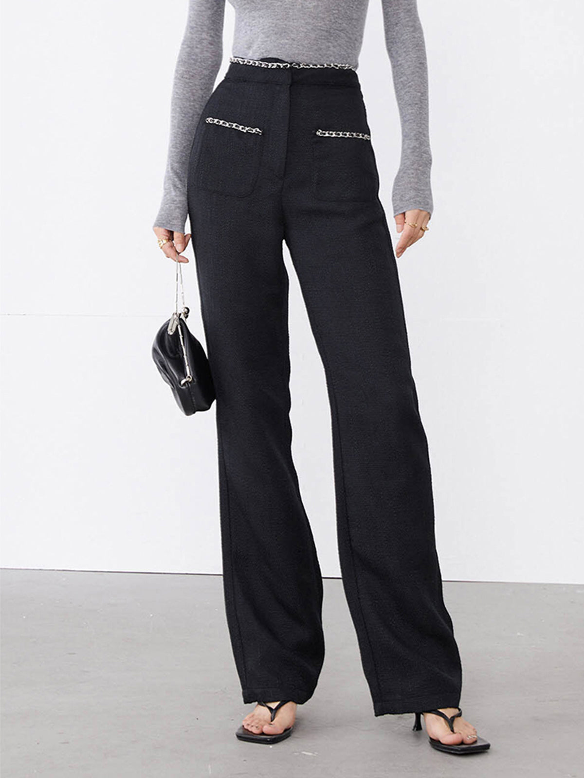 Tweed Contrast Trim Pocket Straight Leg Pants