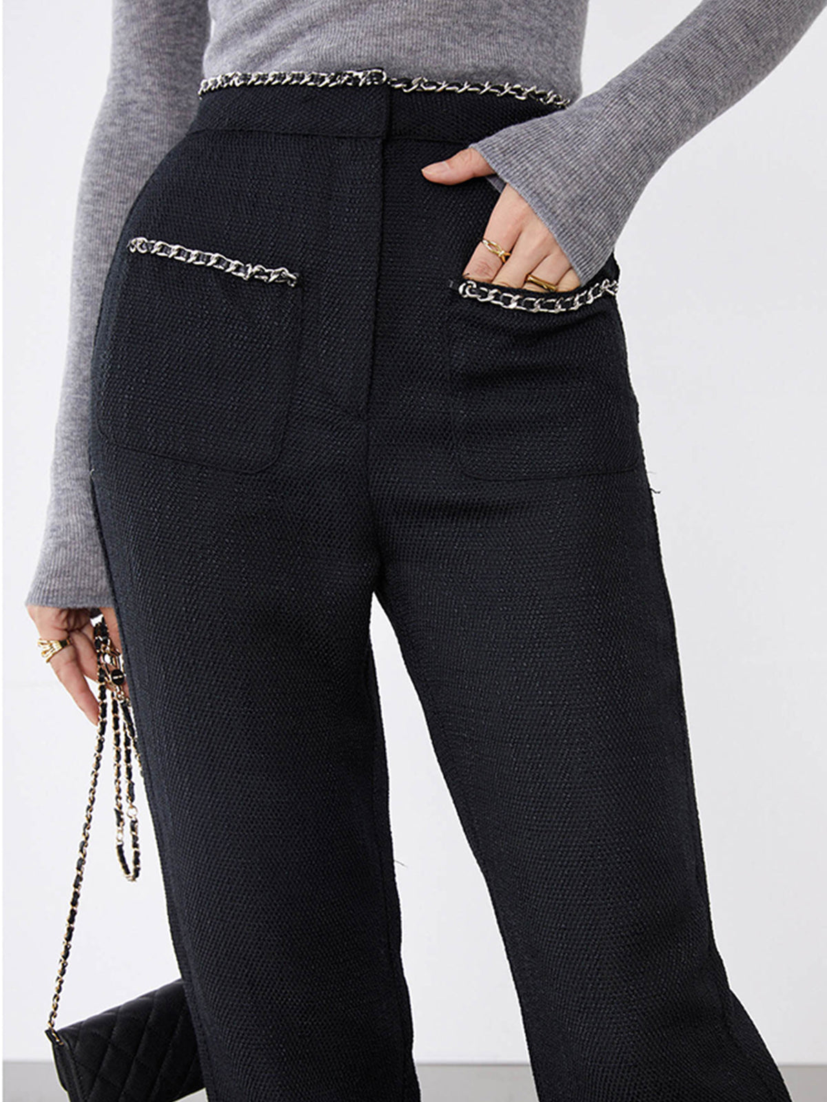 Tweed Contrast Trim Pocket Straight Leg Pants