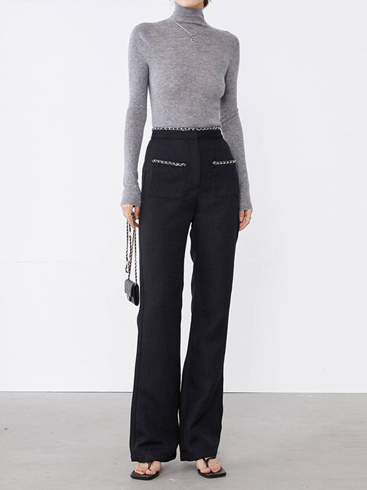 Tweed Contrast Trim Pocket Straight Leg Pants