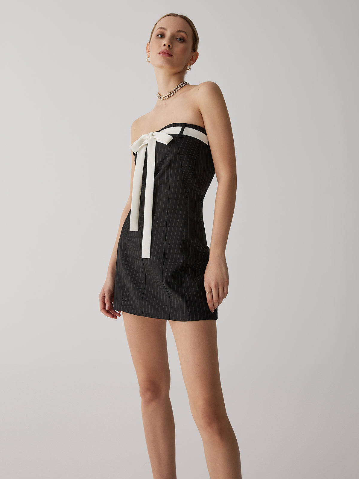 Stripes White Bow Short Dress