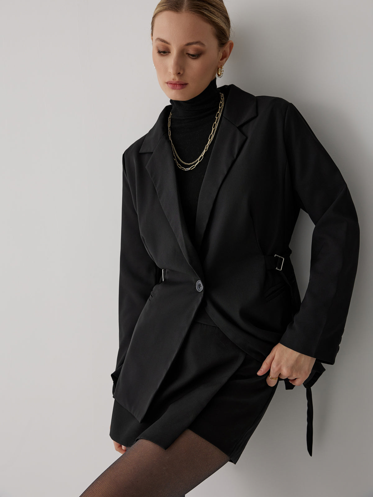 Drawstring Waist Button Blazer