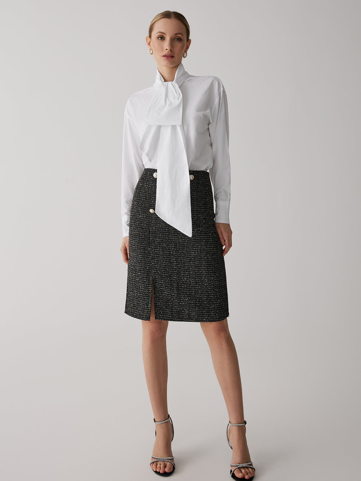 Pearl Button Split Midi Skirt