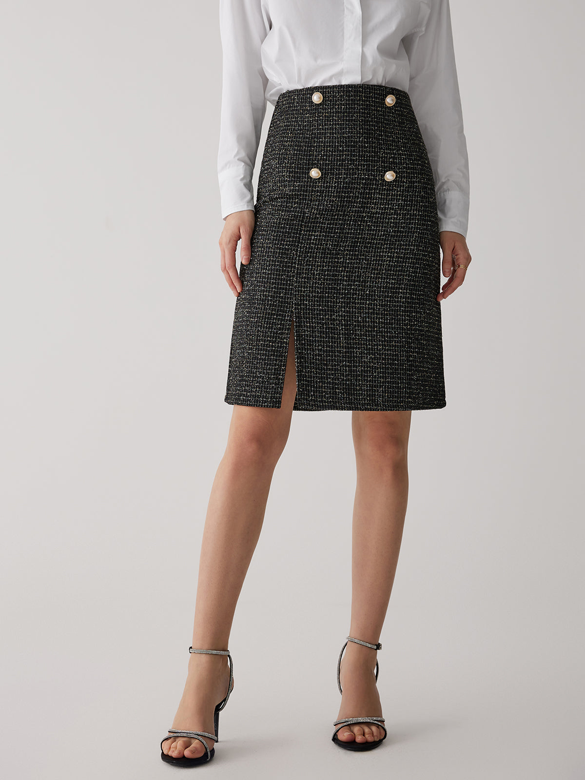 Pearl Button Split Midi Skirt