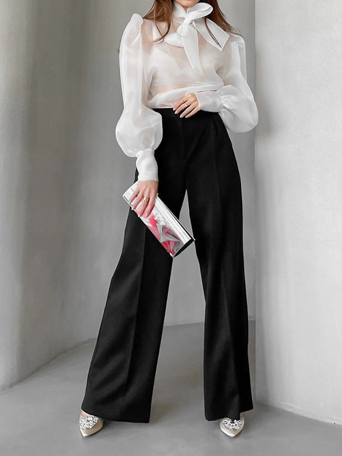 Mesh Puff Sleeve Knot-Front Shirt