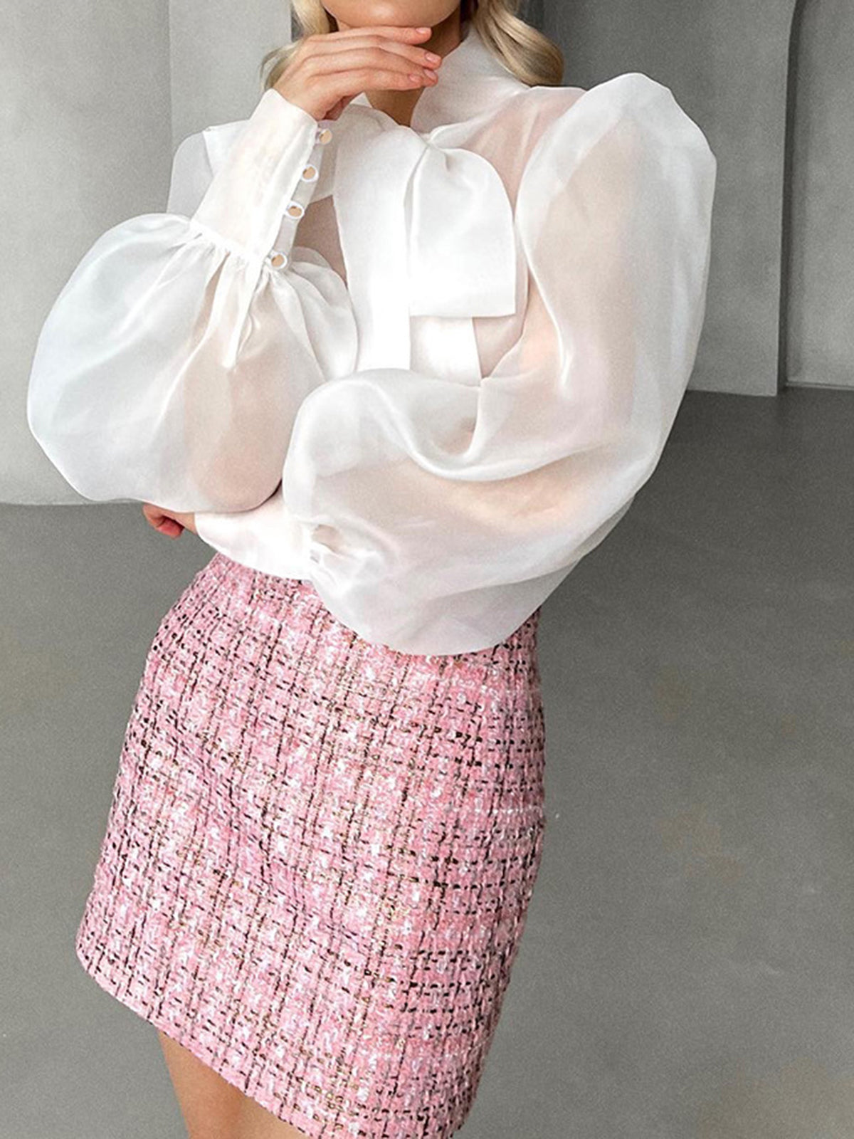 Mesh Puff Sleeve Knot-Front Shirt