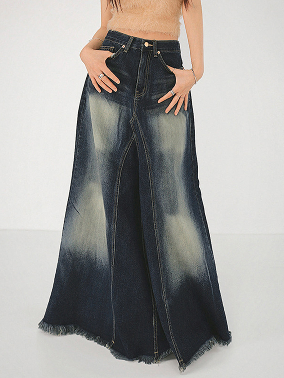 Tassels Hem Long Denim Skirt