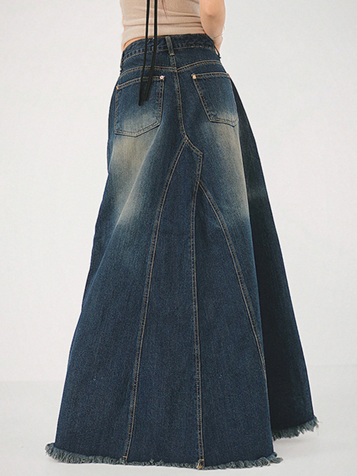 Tassels Hem Long Denim Skirt