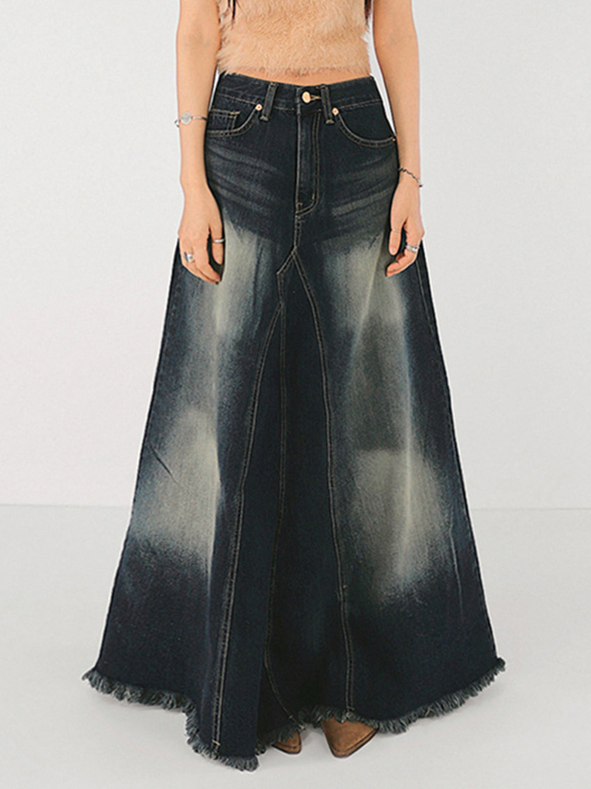 Tassels Hem Long Denim Skirt