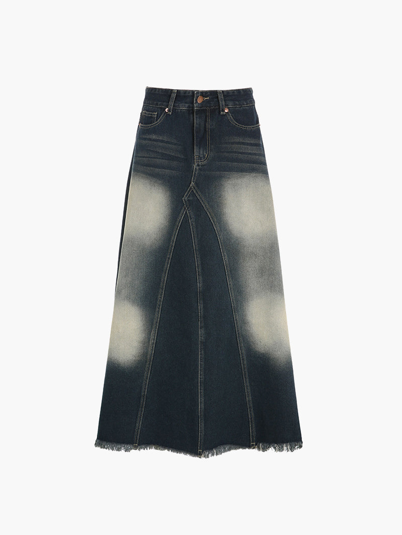 Tassels Hem Long Denim Skirt