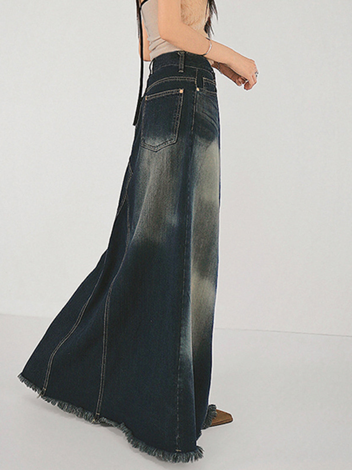 Tassels Hem Long Denim Skirt