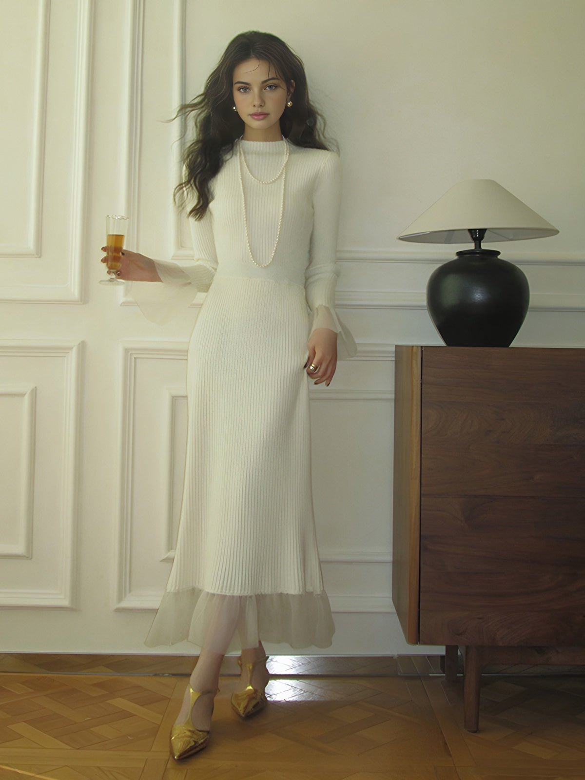 Splice Lace Knitted Sweater Maxi Skirt