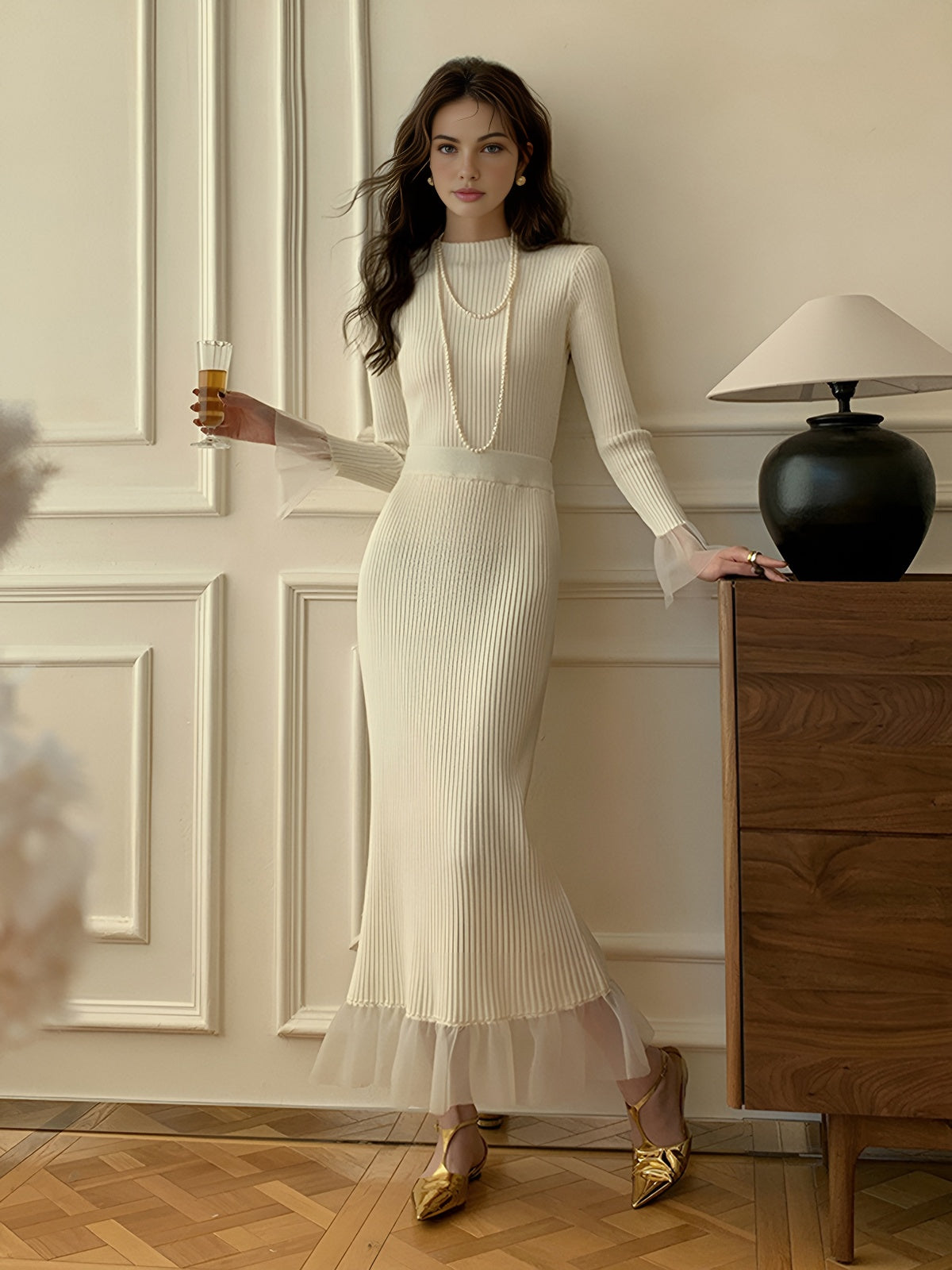 Splice Lace Knitted Sweater Maxi Skirt