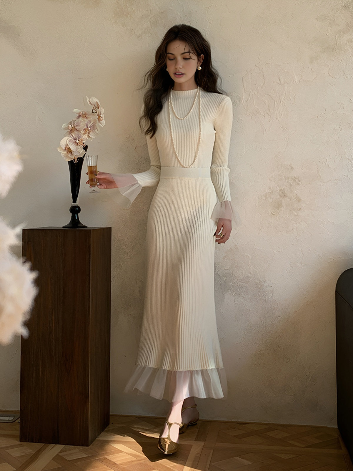 Splice Lace Knitted Sweater Maxi Skirt