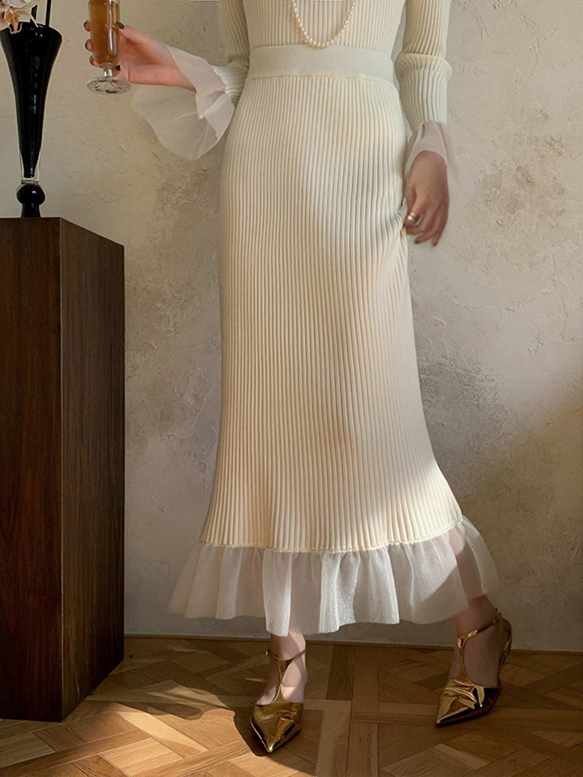 Splice Lace Knitted Sweater Maxi Skirt