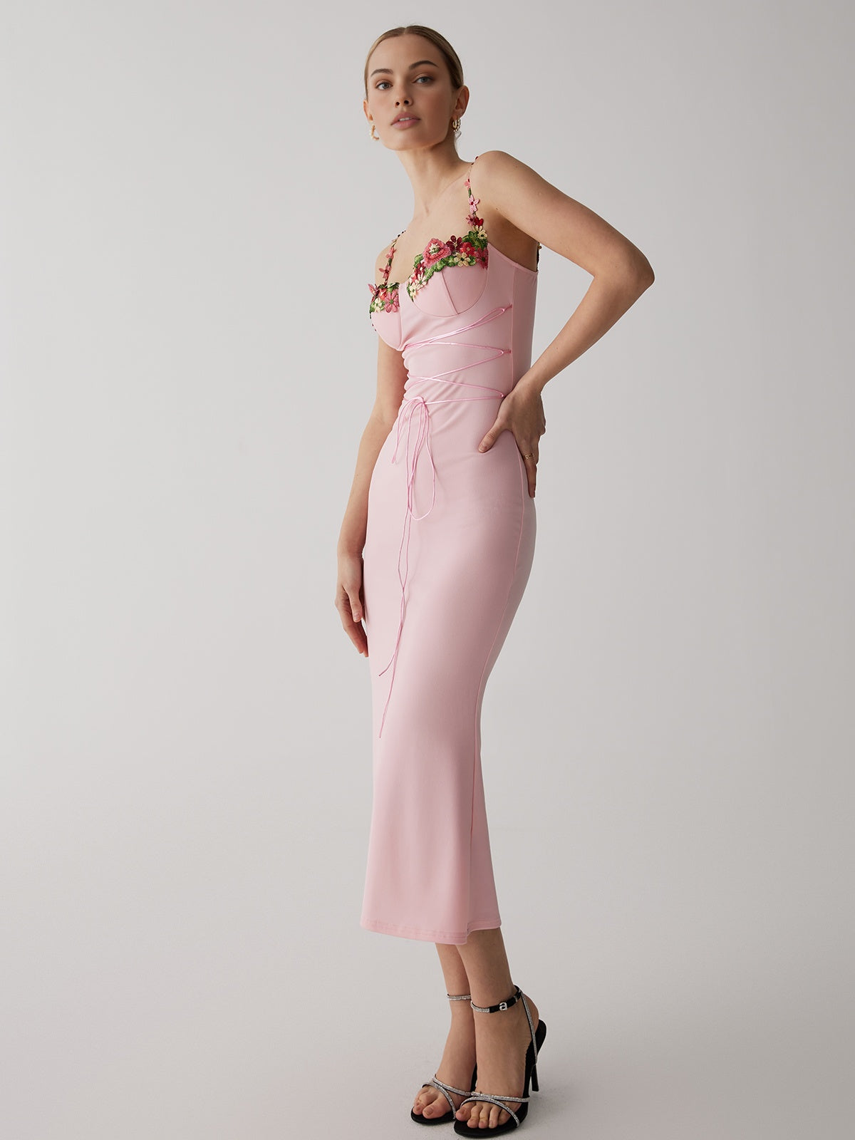 Strap Flower Lace-Up Slim Bodycon Long Dress