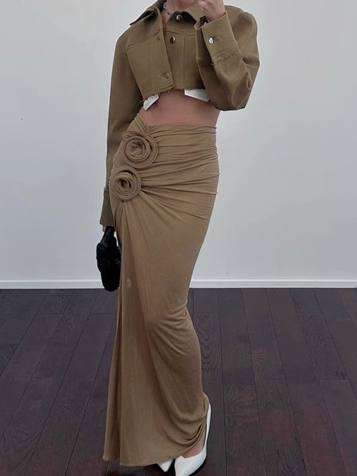 High Waist Floral Draped Split Maxi Skirt