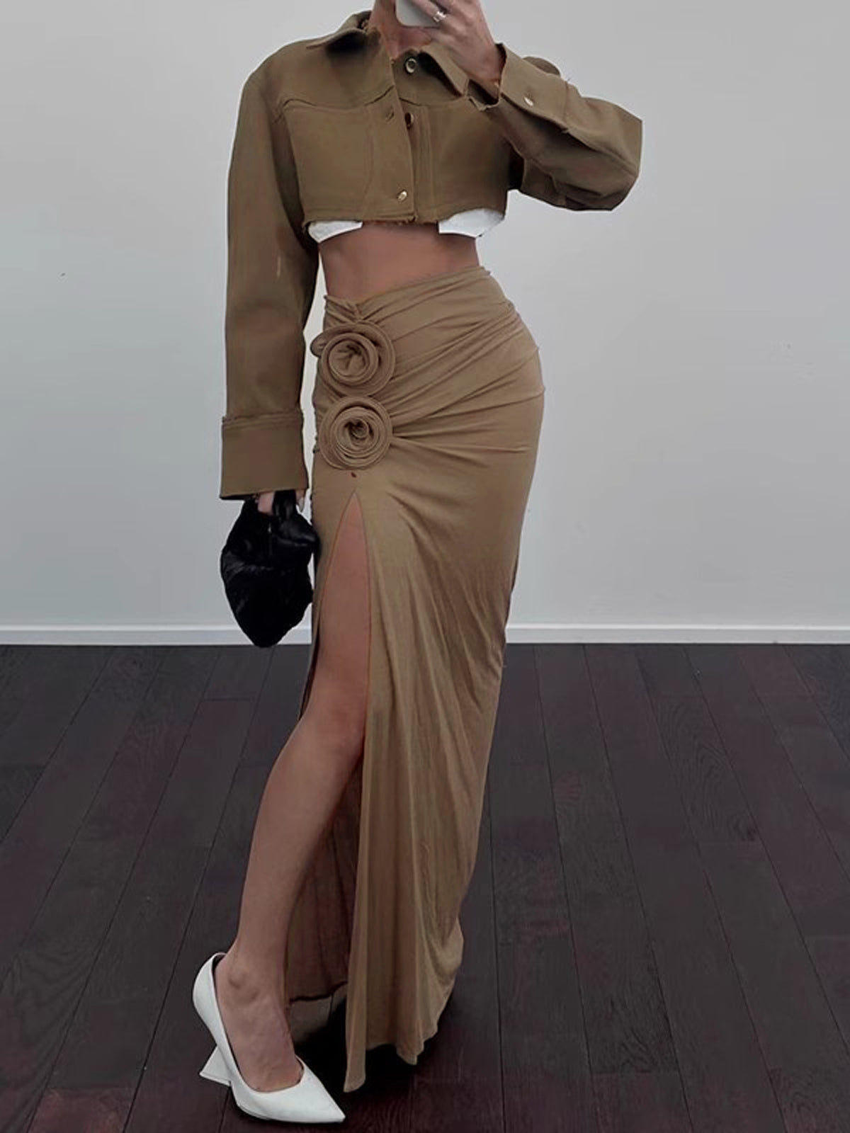High Waist Floral Draped Split Maxi Skirt