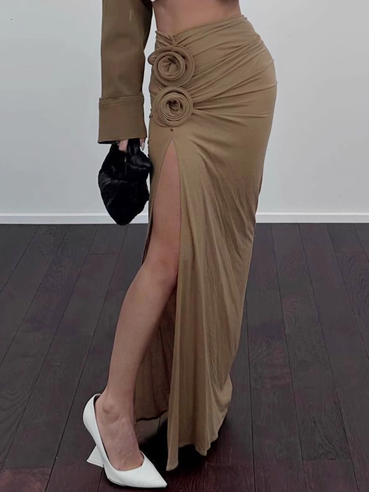 High Waist Floral Draped Split Maxi Skirt