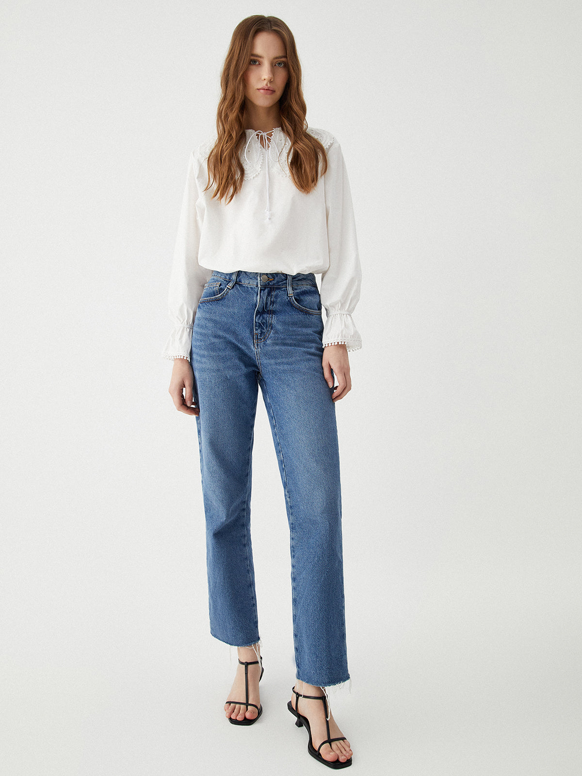 Ruffle Tie Neck Lantern Sleeve Shirt