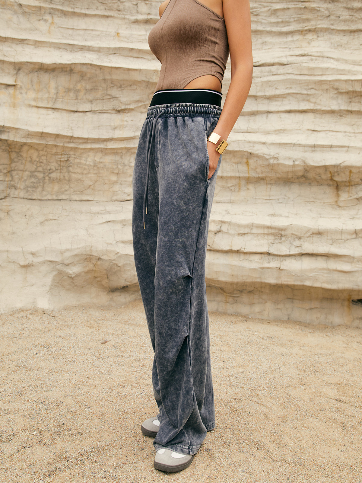 Washed Jersey Drawstring Elastic Sweatpants