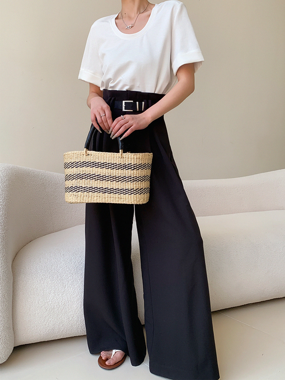 Solid Wide Leg Pants Without Belt
