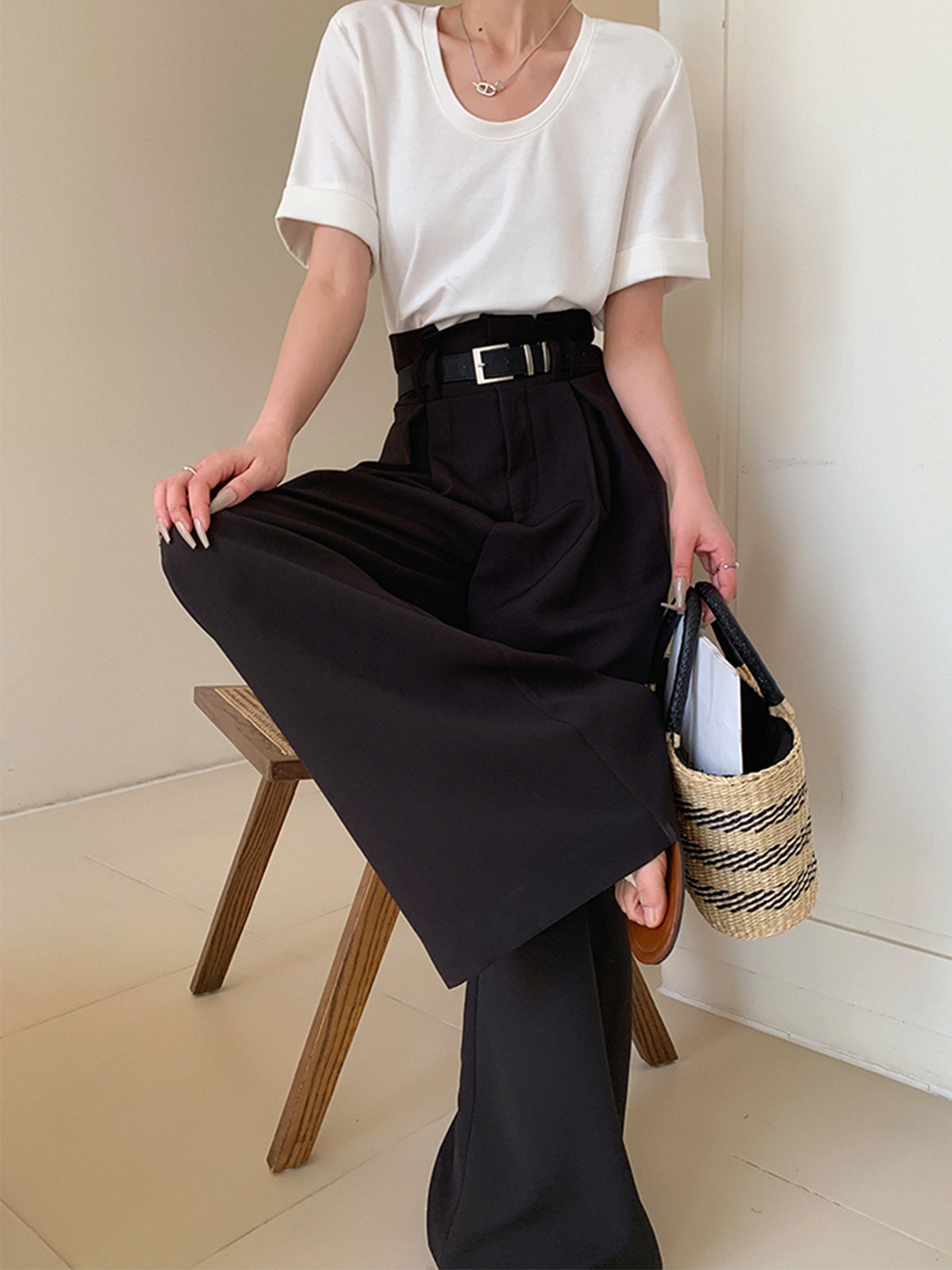 Solid Wide Leg Pants Without Belt
