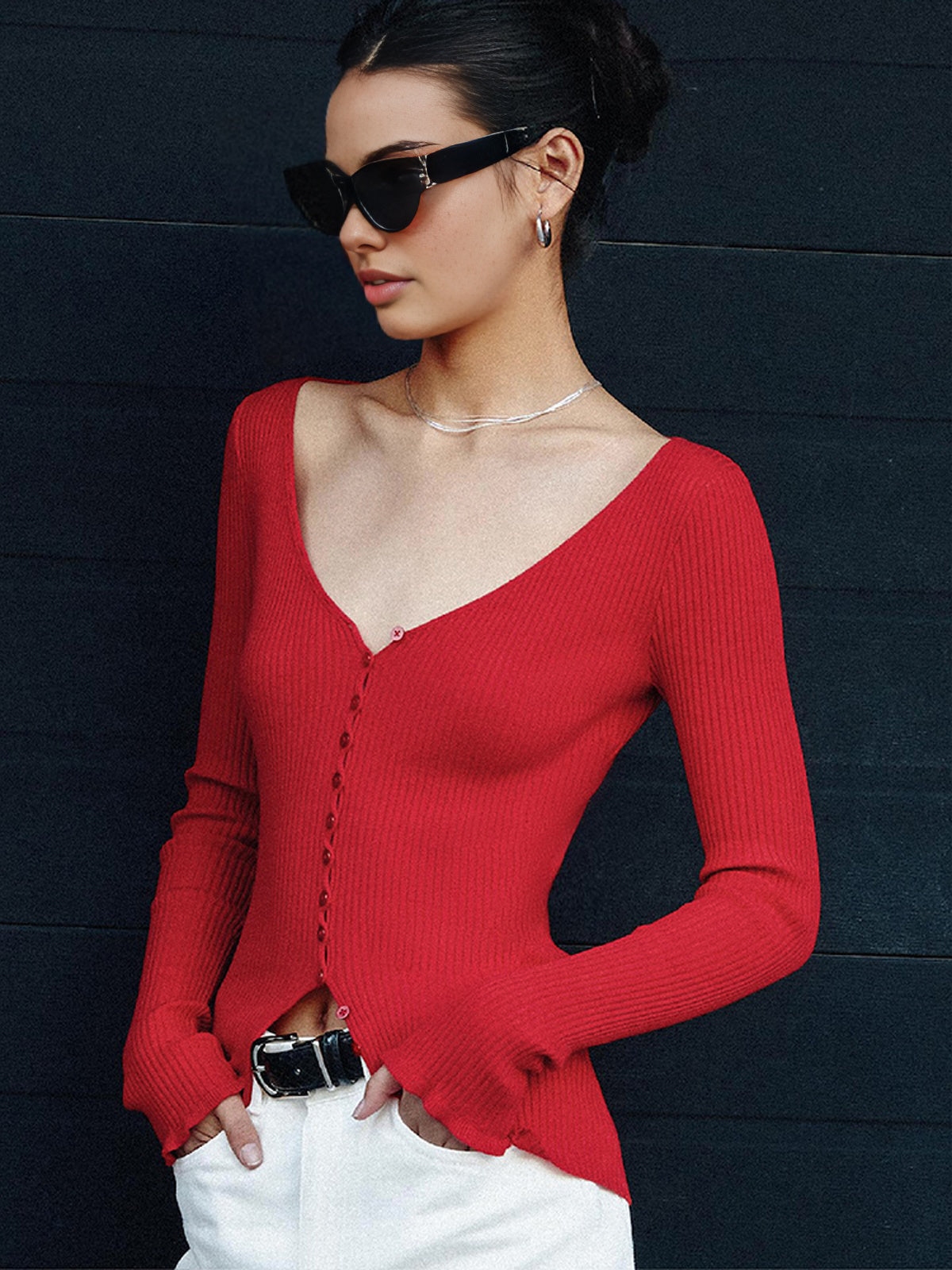Button V Neck Knit Cardigan