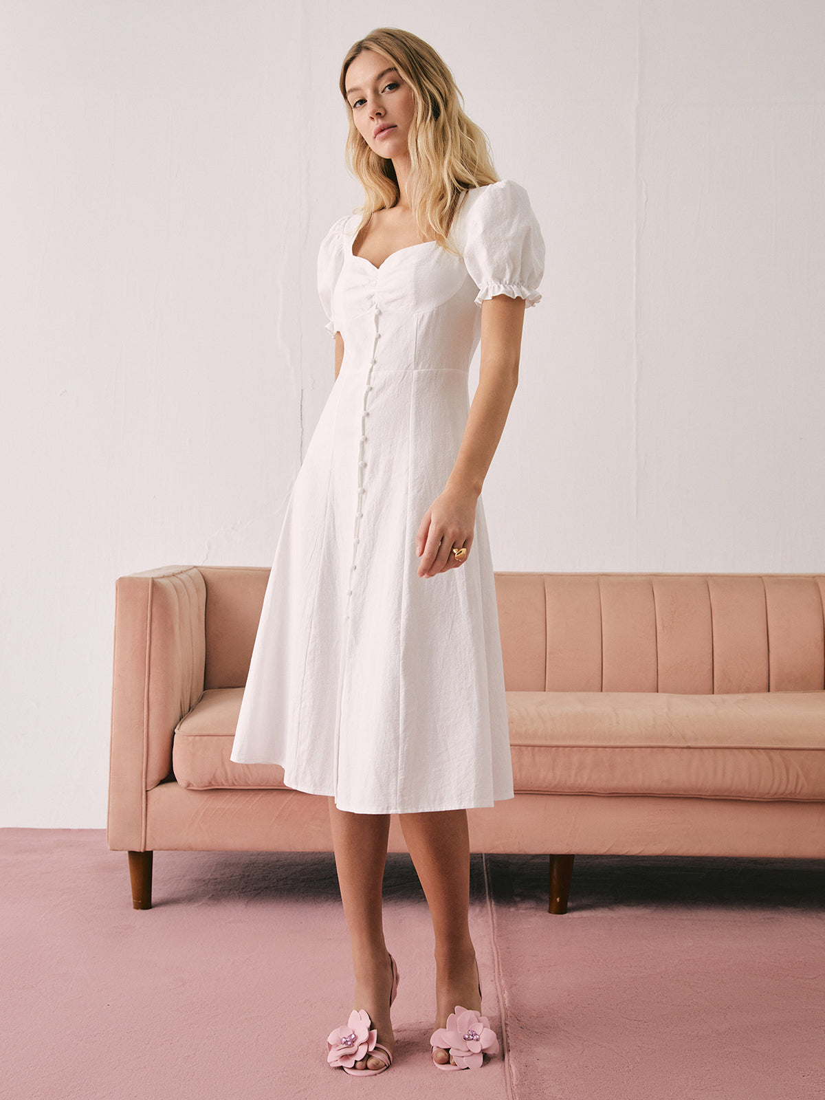 Sweetheart Puff Sleeve Button Down Midi Dress