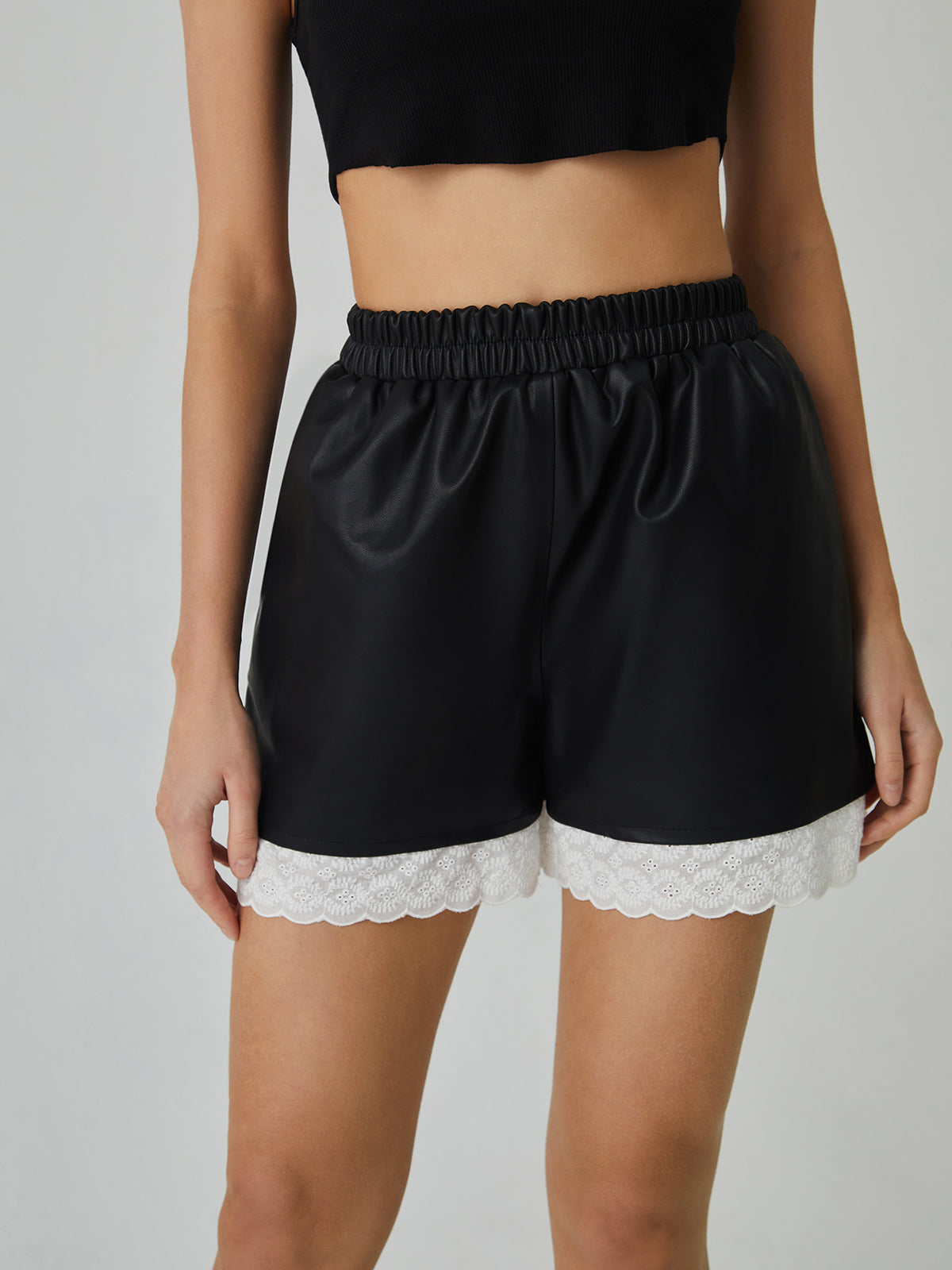 Faux Leather Lace Patchwork Shorts